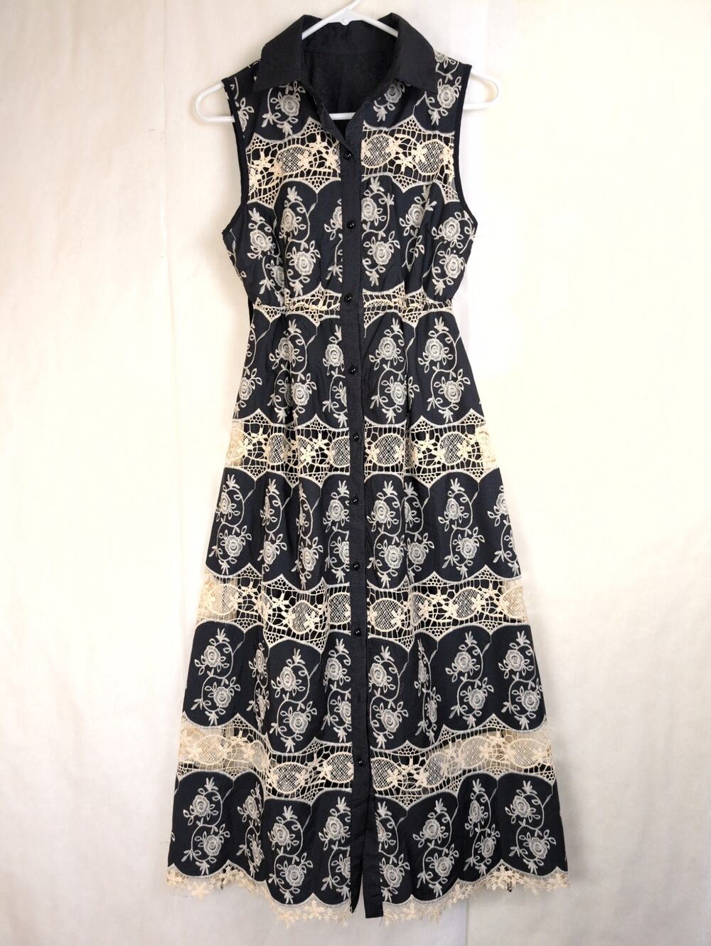 3 Desy embroidered lace maxi shirt dress Size Med Black and White Coquette Retro